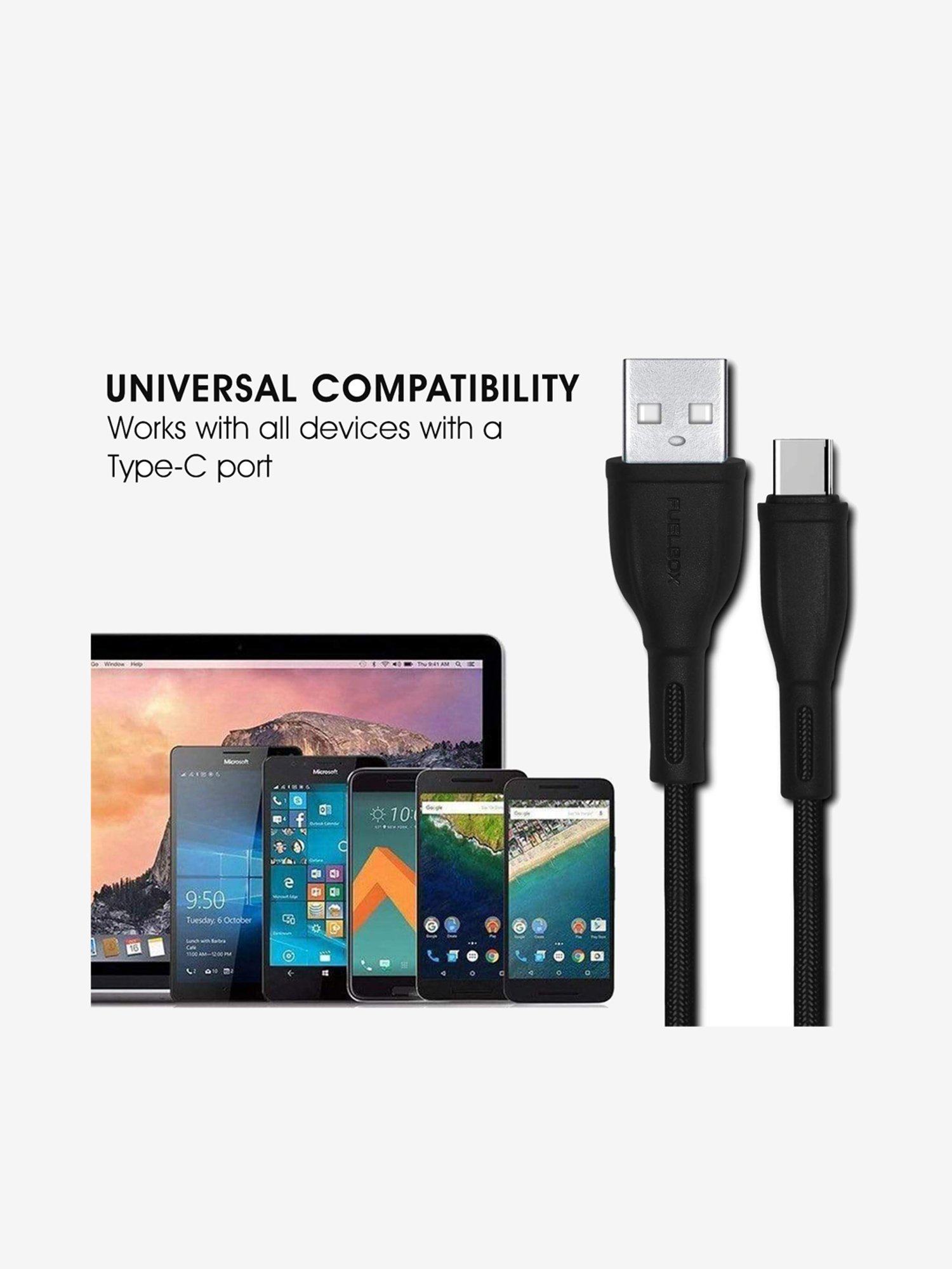 Fuelbox Nylon Extra Tough Tested Braided Cable With Ultra Flexible 1.5M (Black)