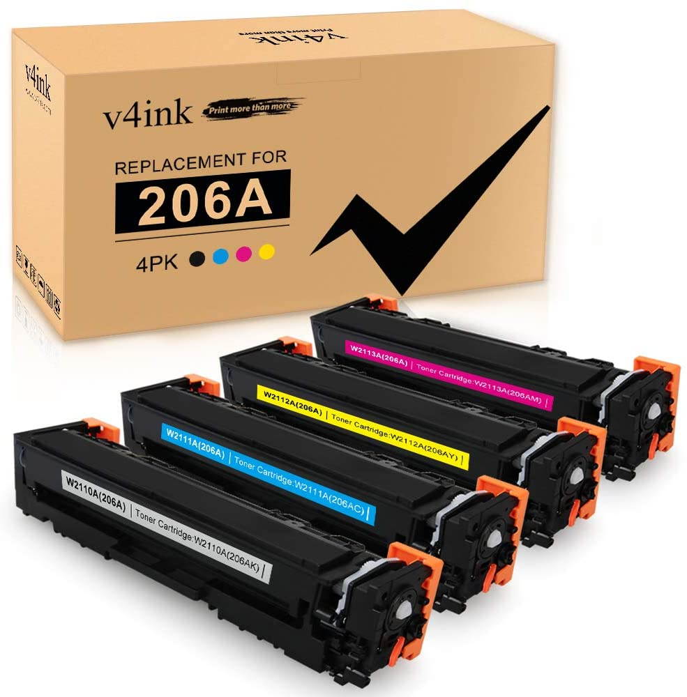 v4ink Compatible Toner Cartridge Replacement for HP 206A W2110A W2111A W2112A W2113A for use in HP Color Laserjet Pro M255dw M283fdw M283cdw M282nw Printer 4 Pack NO CHIP (Black Cyan Yellow Magenta)