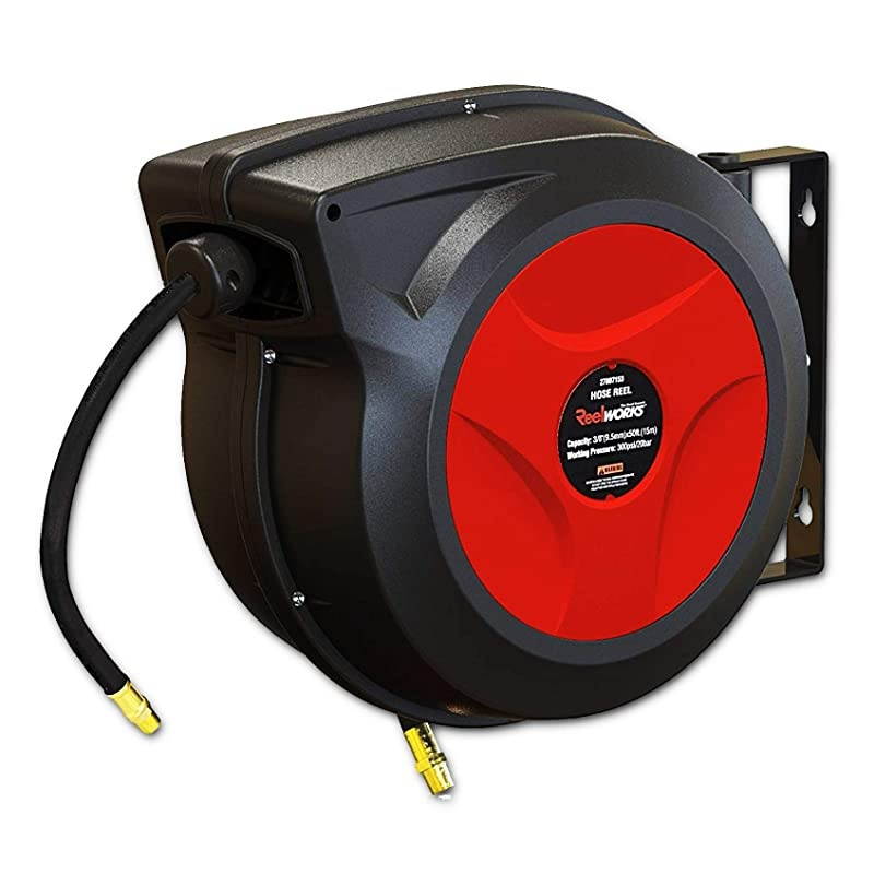 Air Hose Reel Retractable 38 Inch x 50 Foot Hybrid Polymer Hose Max 300PSI Commerical Polypropylene Construction