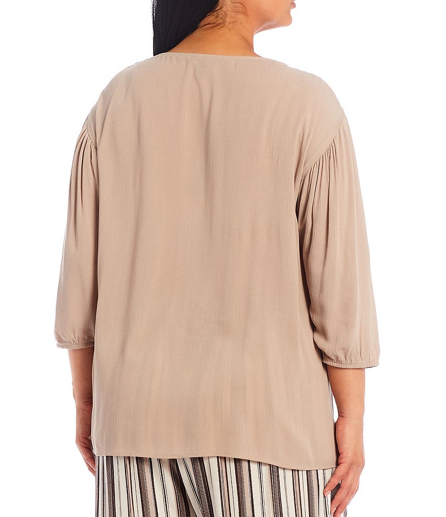 I.N. Studio Plus Size Crepon Lace Trim V-Neck 3/4 Raglan Sleeve Top