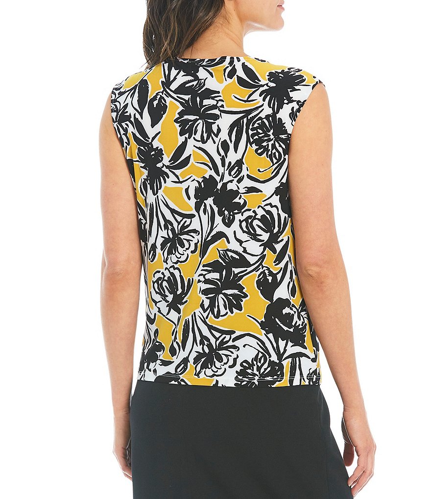 Kasper Floral Sketch Print Criss-Cross Neck Cap Sleeve Top