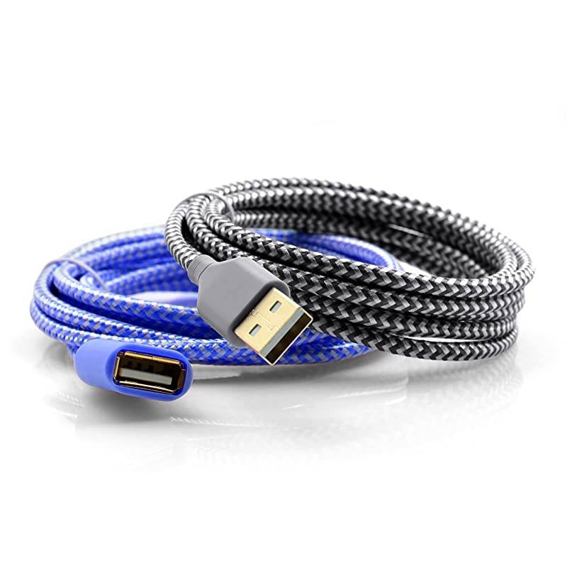 USB Extension,  2 Pack 6 FT Braided USB Extension Cord Data Transfer Extender Cable Type A Male to A Female Compatible for Keyboard, Mouse, Flash Drive, Hard Drive, Game Controller (White Blue)