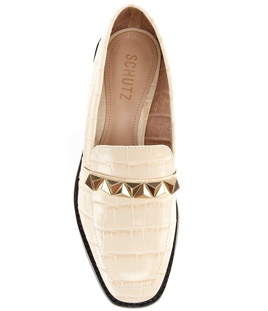 Schutz Pinky Croco Print Leather Studded Strap Loafers