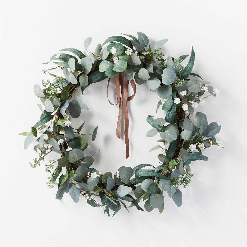 28" Artificial Eucalyptus Leaves and Flower Petal Wreath White - Threshold™ designed with Studio McGee