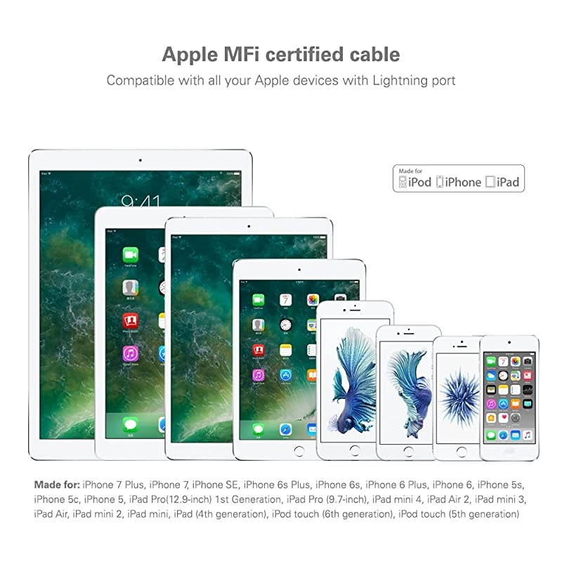 iPhCharger Cable for Car (3 ft), MFi Certified Coiled Lightning Cable Compatible with iPh12Pro Max/12Pro/12/11/XS/XS Max/XR/X/8/8 Plus/iPad/iPod - White