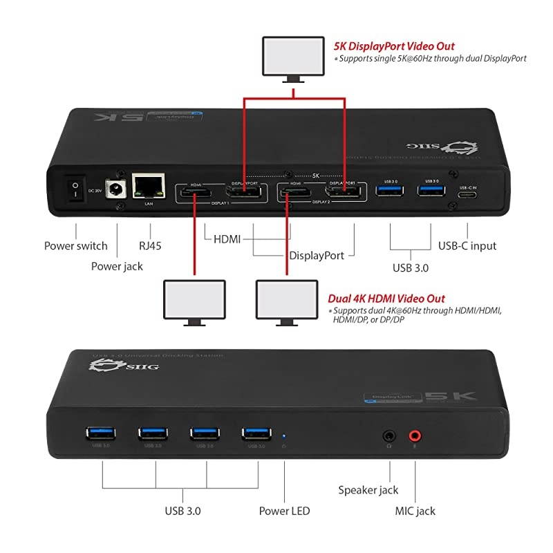 USB Type C 4K Dual Monitor Docking Station - Dual 4K@60HZ or Single 5K@60Hz Video Laptop Dock - Thunderbolt 3 Compatible (2 HDMI, 2 DisplayPort Outputs, Gigabit Ethernet, 6 USB 3.0 Ports)
