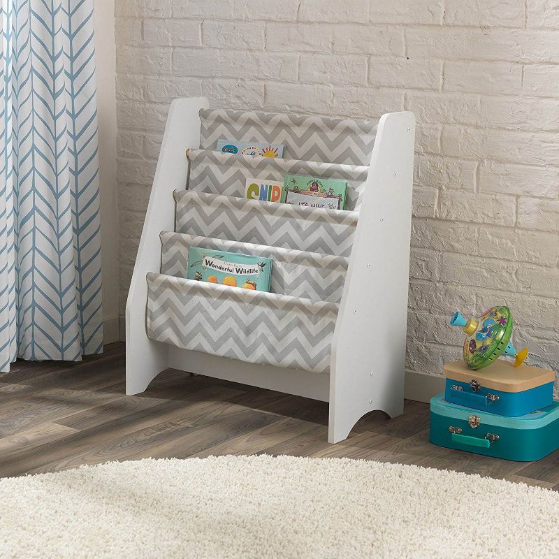 KidKraft Wooden Sling Bookshelf Bookcase Playroom Organizer, Gray and White
