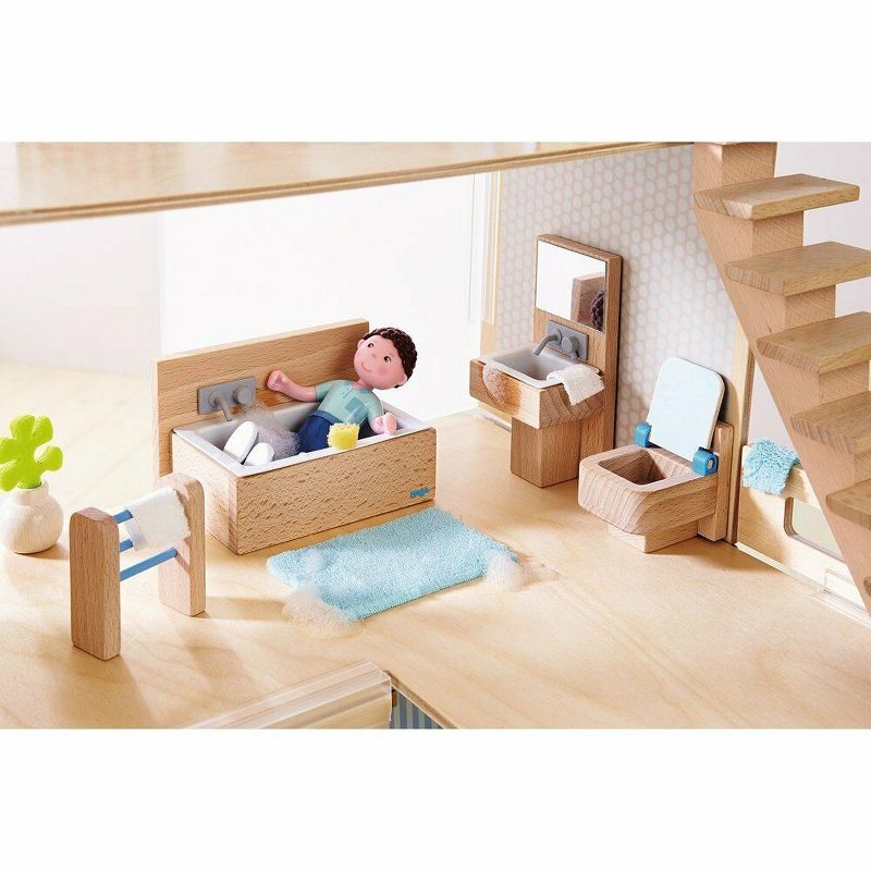 HABA Little Friends Bathroom Set - Wooden Dollhouse Furniture for 4" Bendy Dolls