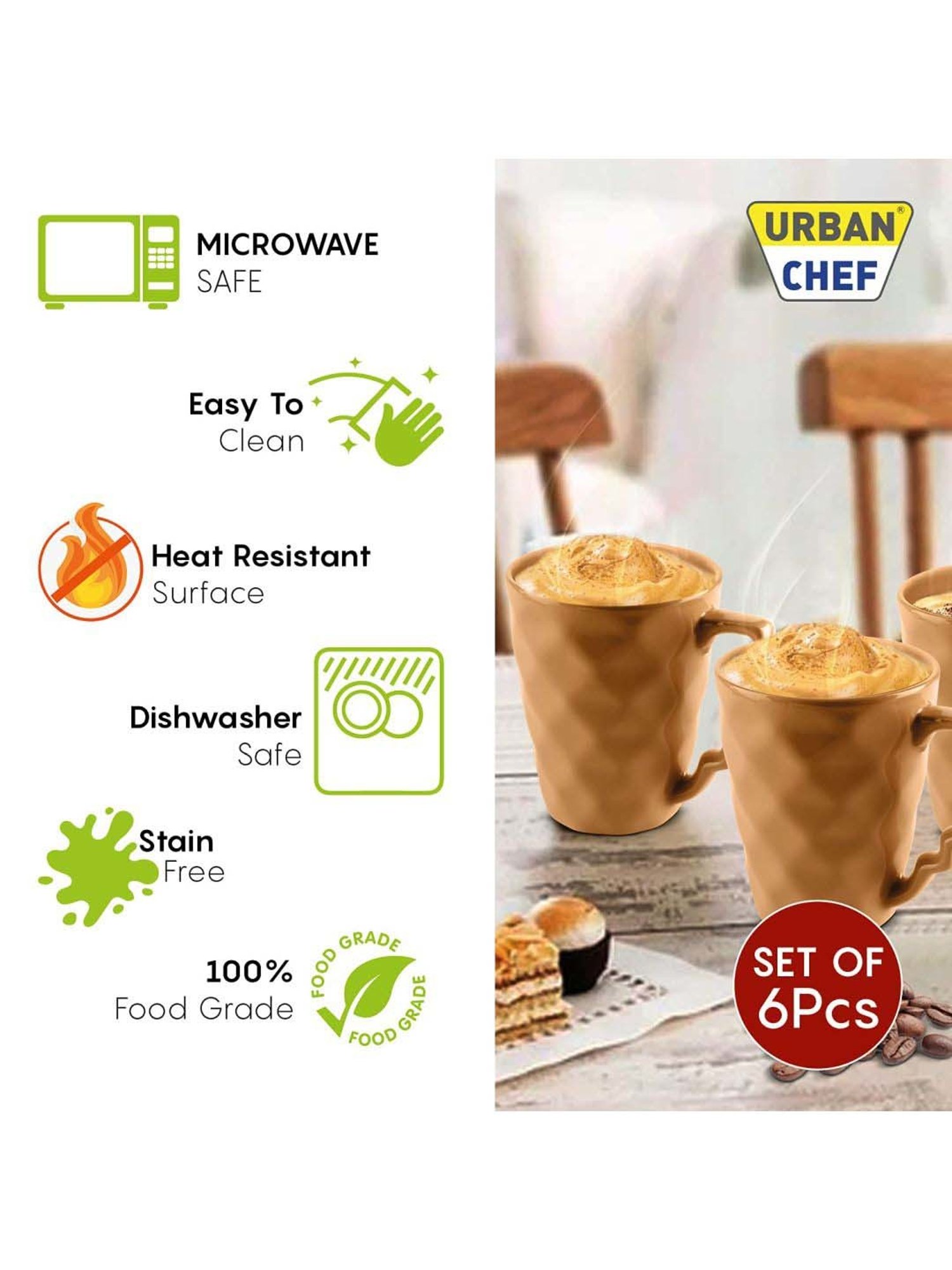 Urban Chef Brown Ceramic Microwave Safe Coffee Mug (0.225 L) - Set of 6