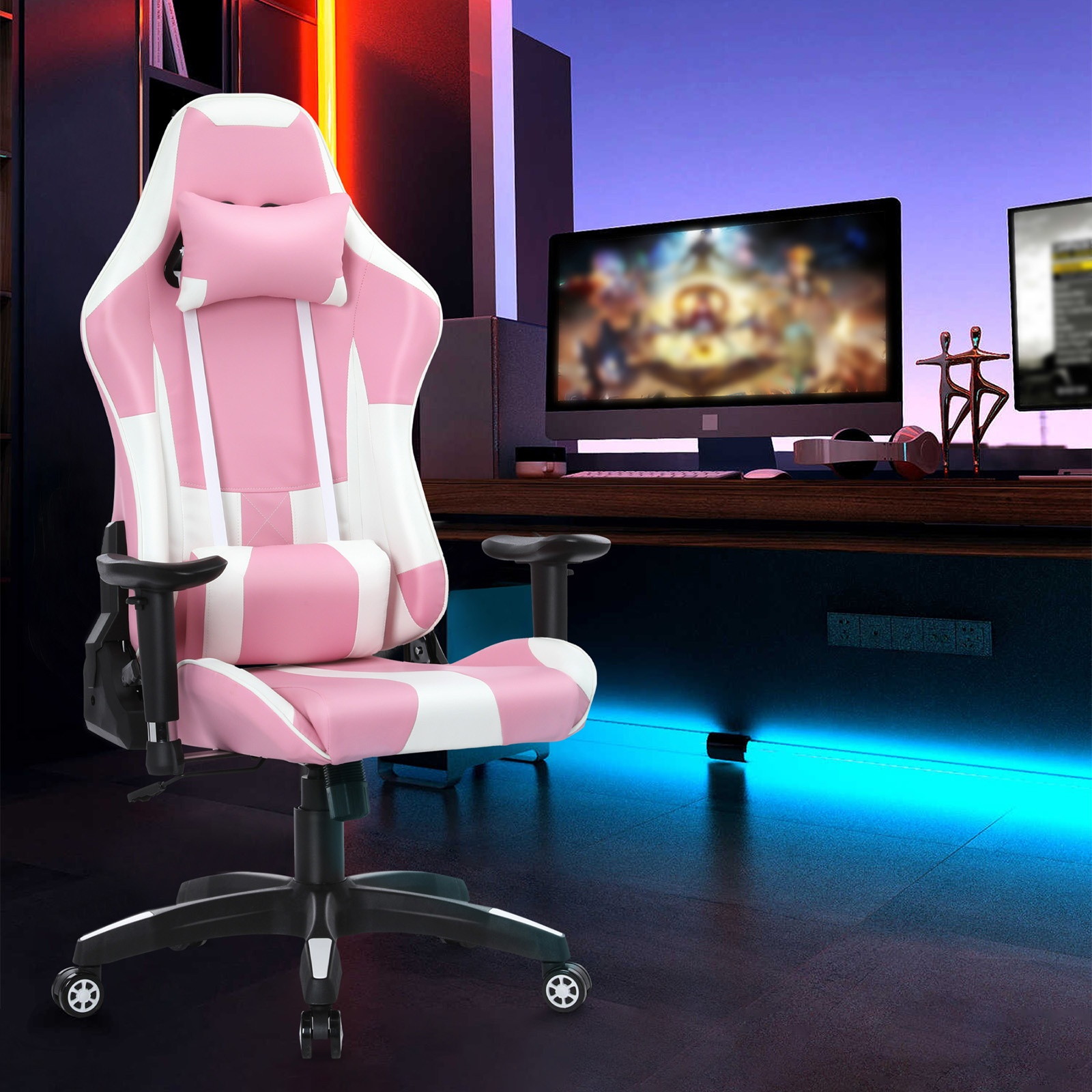 YOUTHUP Racing Style Gaming Chair Adjustable Ergonomic Computer Desk Chair,PU Leather Racing Reclining Swivel High Back Chair with Headrest and Lumbar Support,Pink