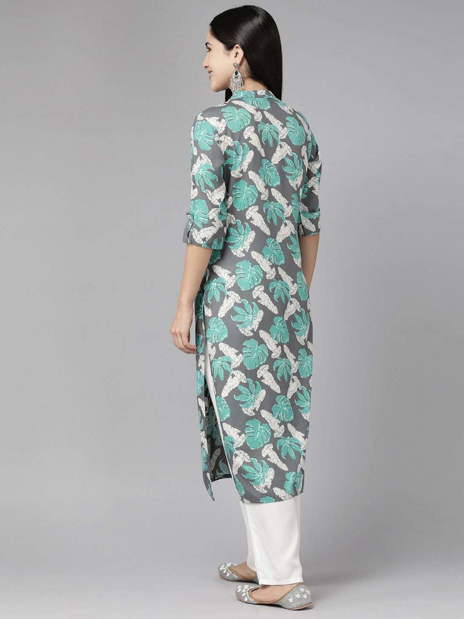 Cayman Grey & Turquoise Cotton Floral Print Straight Kurta