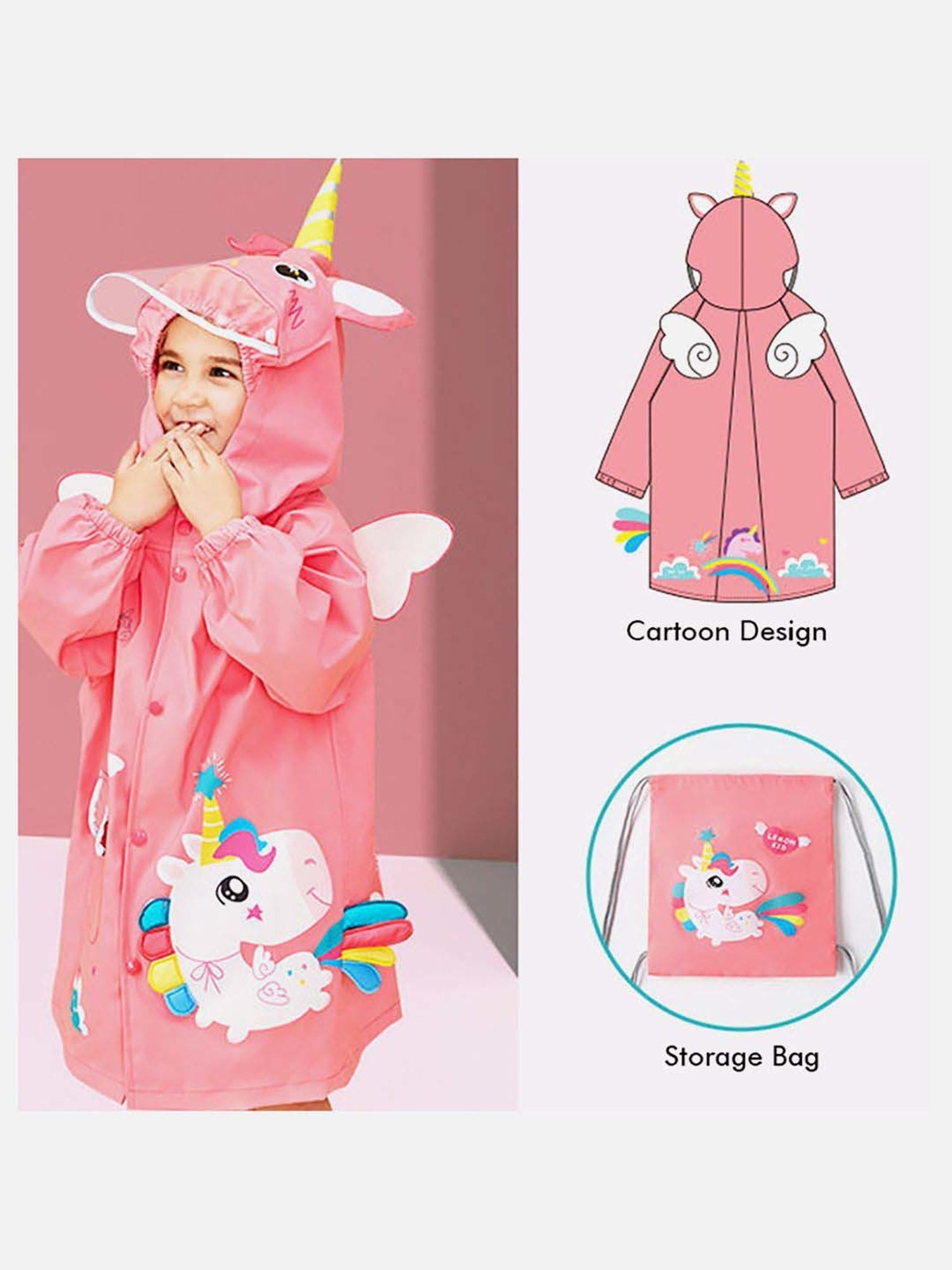 Little Surprise Box Kids Pink Printed Full Sleeves Raincoat