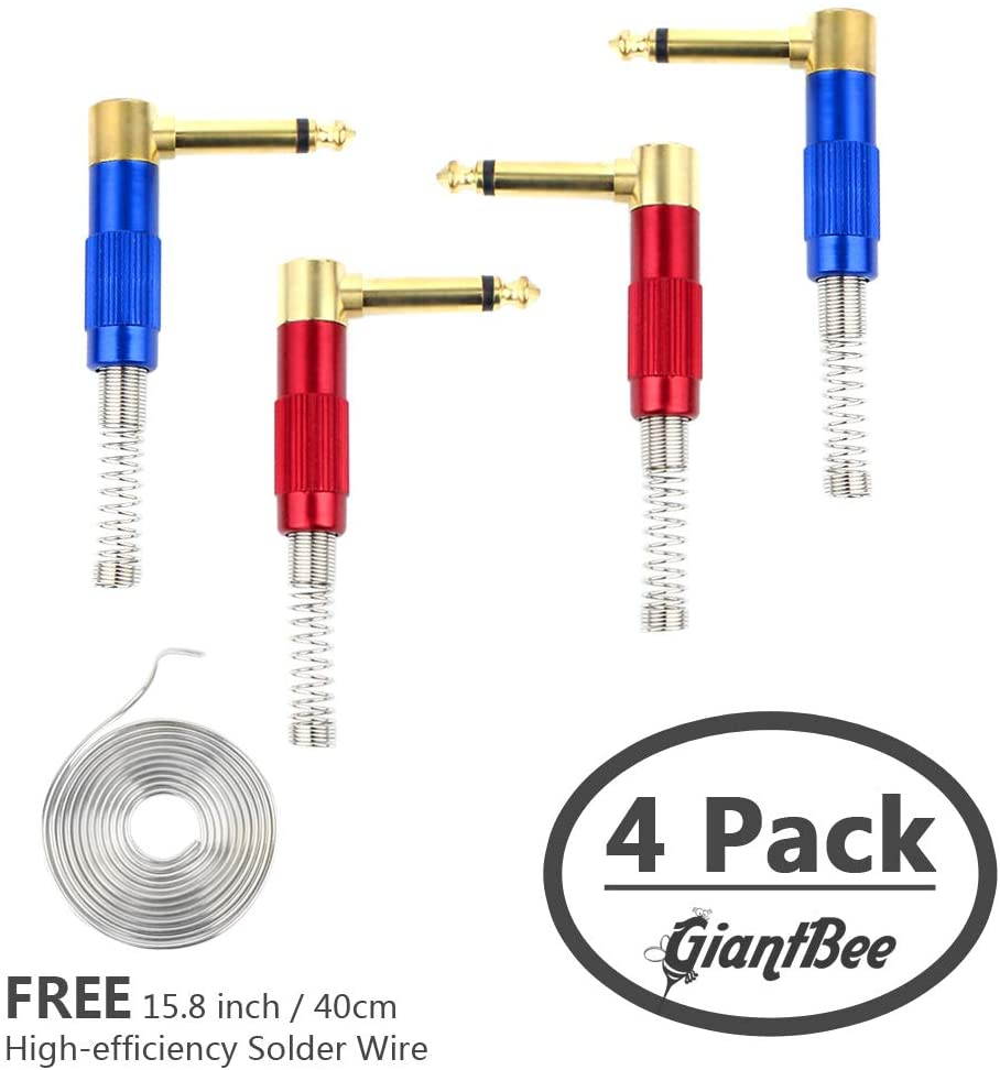 1/4 Audio Plugs 6.35 mm Plug TS Male 1/4 inch Heavy Duty Solder Type Mono Connector with Spring, Right Angle for DJ Mixer, Speaker Guitar Cables, Patch Cable, Microphone Cable Blue+Red (4 Pack)