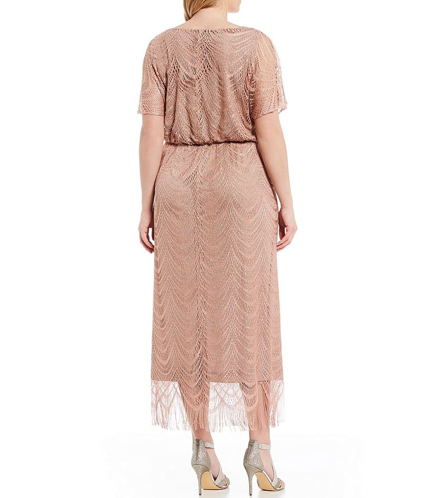 Ignite Evenings Plus Size Round Neck Short Sleeve Beaded Scallop Fringe Blouson Midi Dress