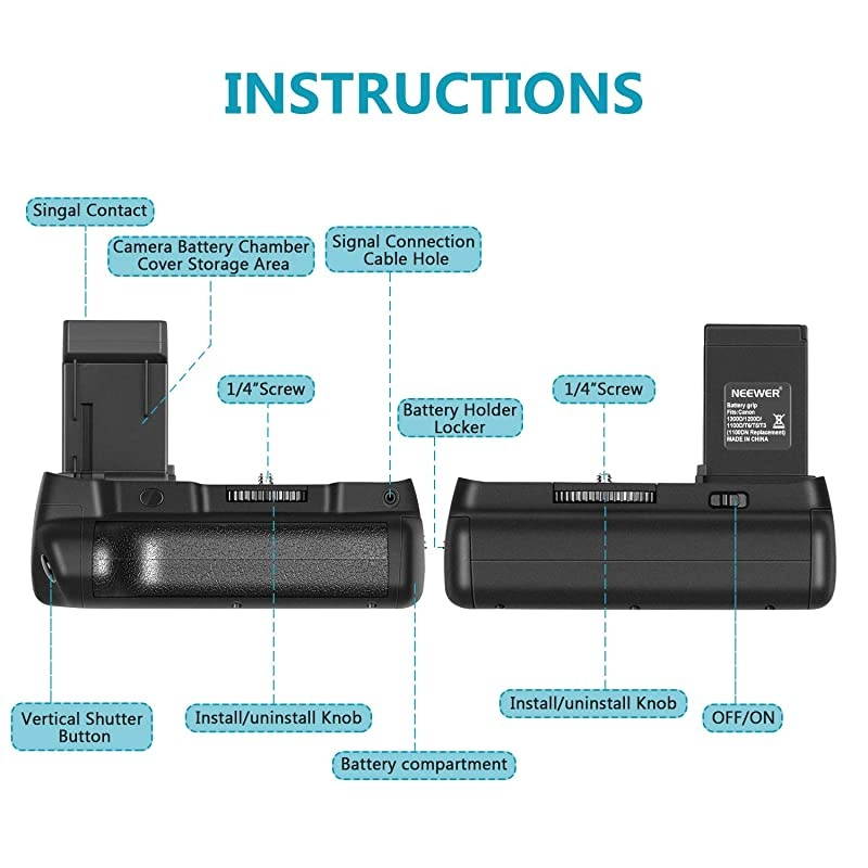 Vertical Battery Grip with 2 Pieces LPE10 Battery Replacement for Canon EOS 1100D 1200D 1300D Rebel T3 T5 T6