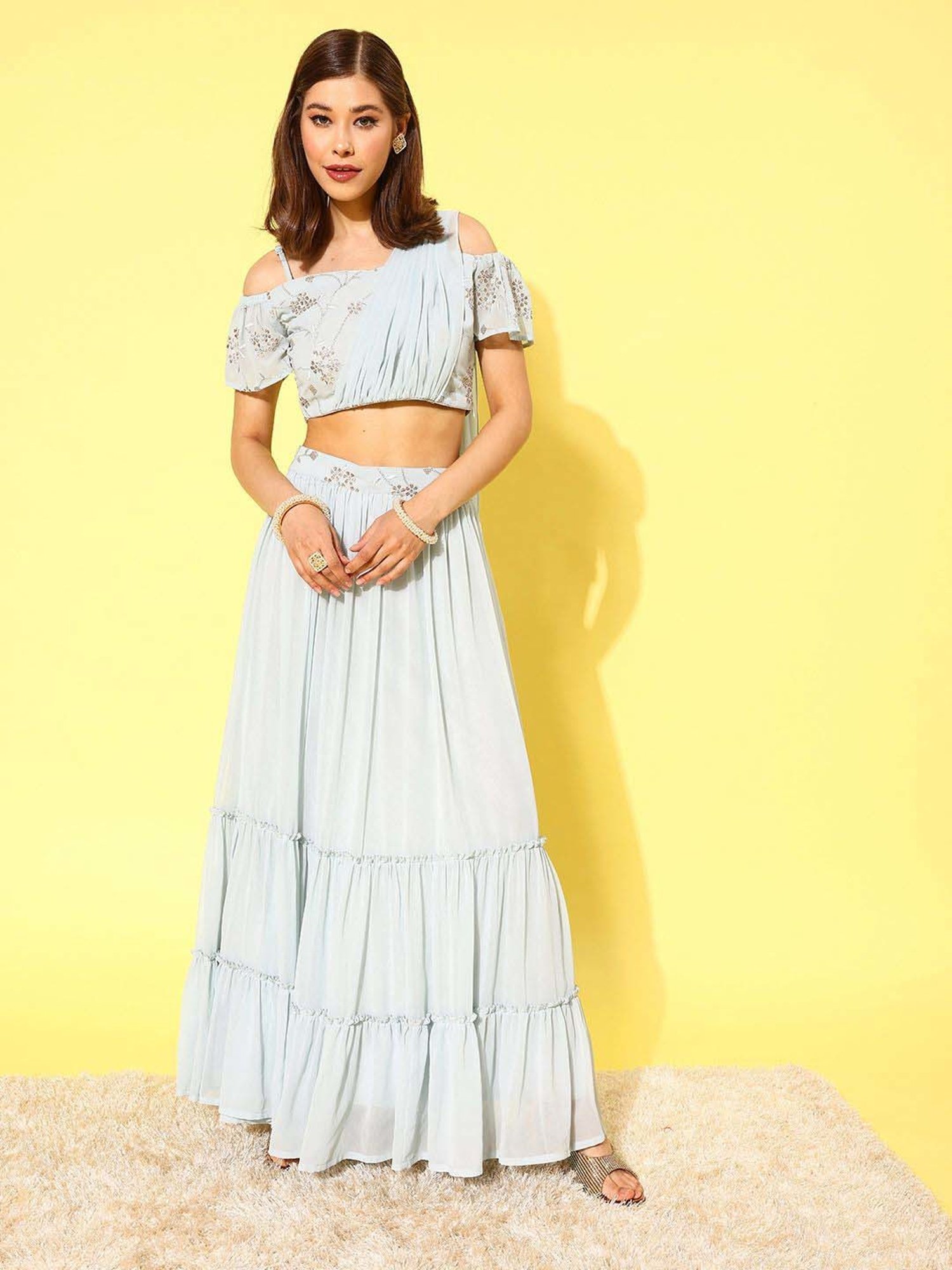 Libas Blue Embellished Lehenga & Choli Set With Attached Dupatta