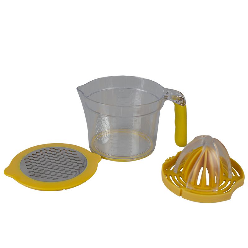 Home Basics 4-in-1  Simple Squeeze Hand Press Manual Food-Grade Plastic Juicer with Built-in Measuring Cup and Egg Separator, Yellow