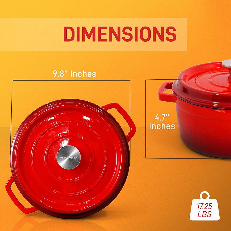 NutriChef NCCIEC45 5 Quart Non Stick Porcelain Enameled Round Cast Iron Dutch Oven with Self Basting Lid and Handles, Red (2 Pack)
