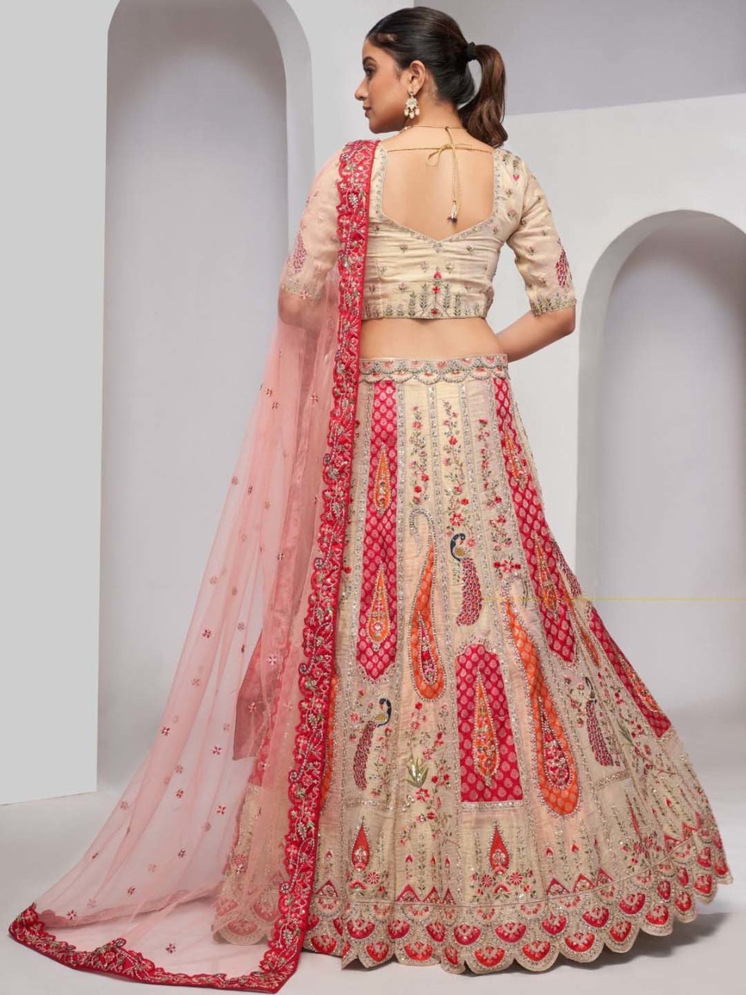 Odette Beige Embroidered Lehenga Choli Set With Dupatta