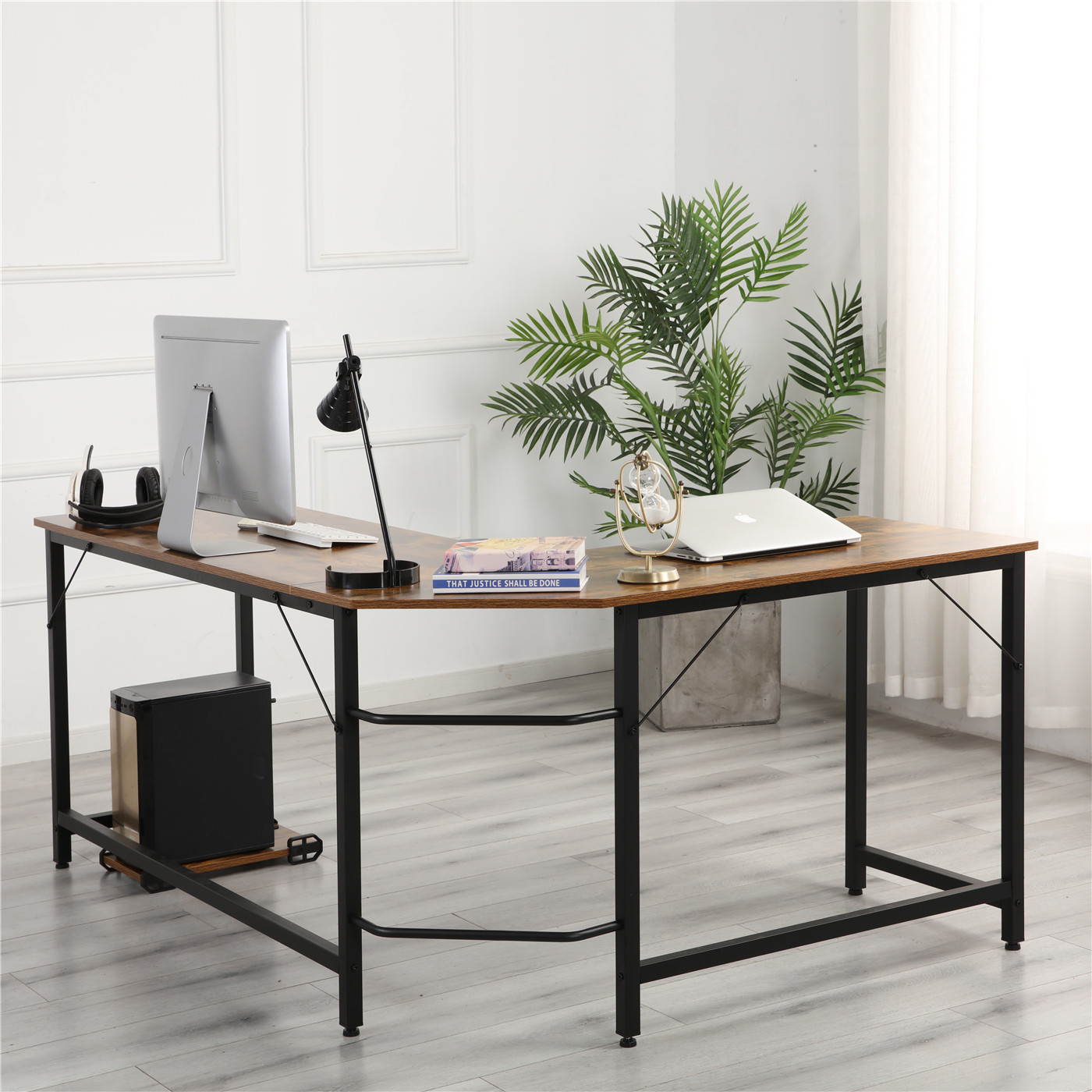 wooden compute desk ,metal frame ,suit for home office,Brown