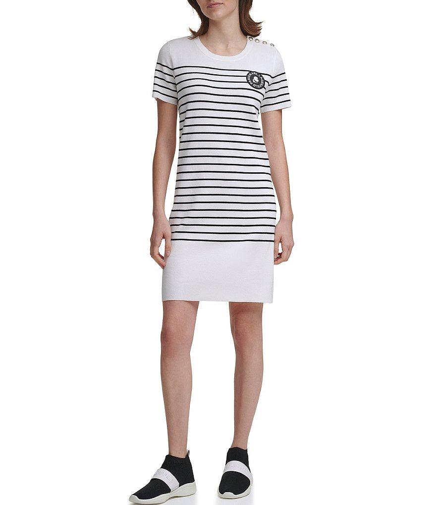 KARL LAGERFELD PARIS Short Sleeve Stripe Crew Neck Sweater Dress