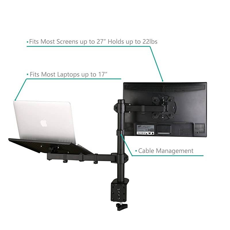 Single LCD Monitor Desk Mount Fully Adjustable Stand with Extra Laptop Tray for 1 Laptop Notebook up to 17 inch and 1 Screen up to 27 inch 22 lbs Weight Capacity M001LP Black