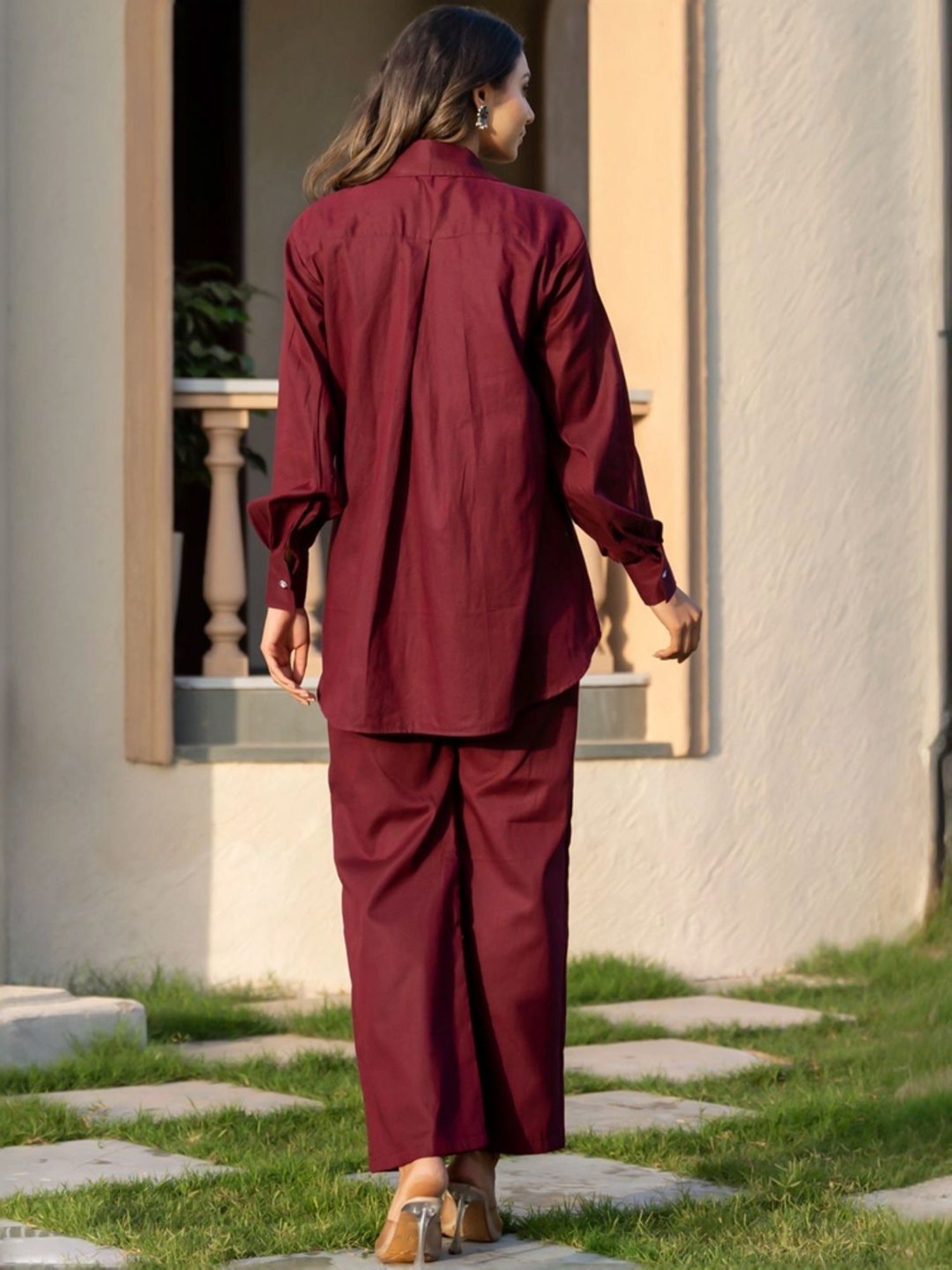 HOUSE OF JAMOTI Maroon Cotton Embellished Tunic Palazzo Set