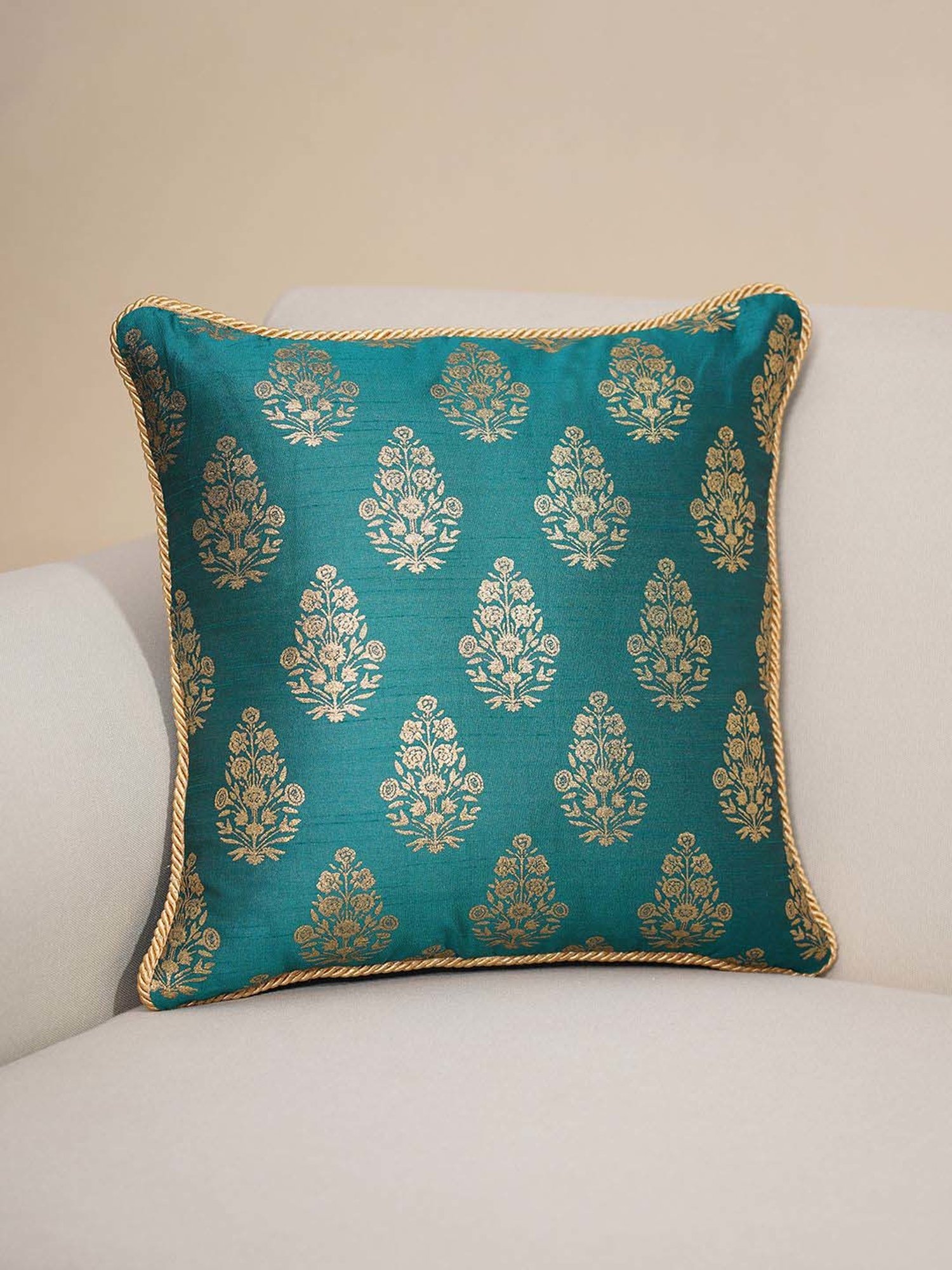 Pure Home and Living Teal Poly Dupion Foil Print Cushion Cover With Satin Twisted Dori