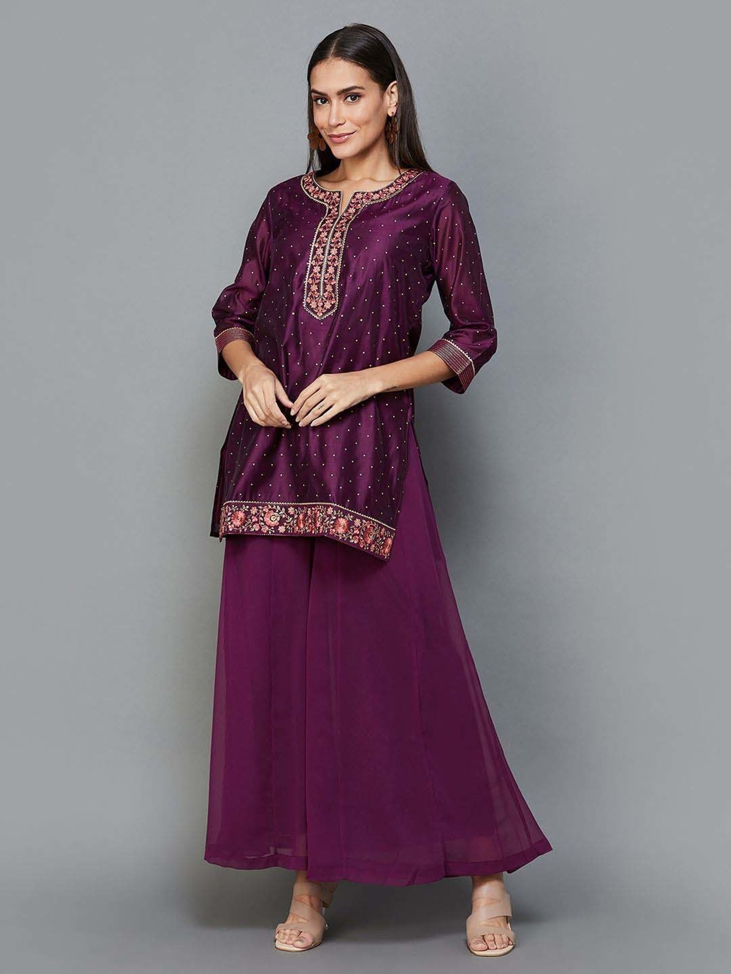 Melange by Lifestyle Wine Embellished Kurti Palazzo Set With Dupatta