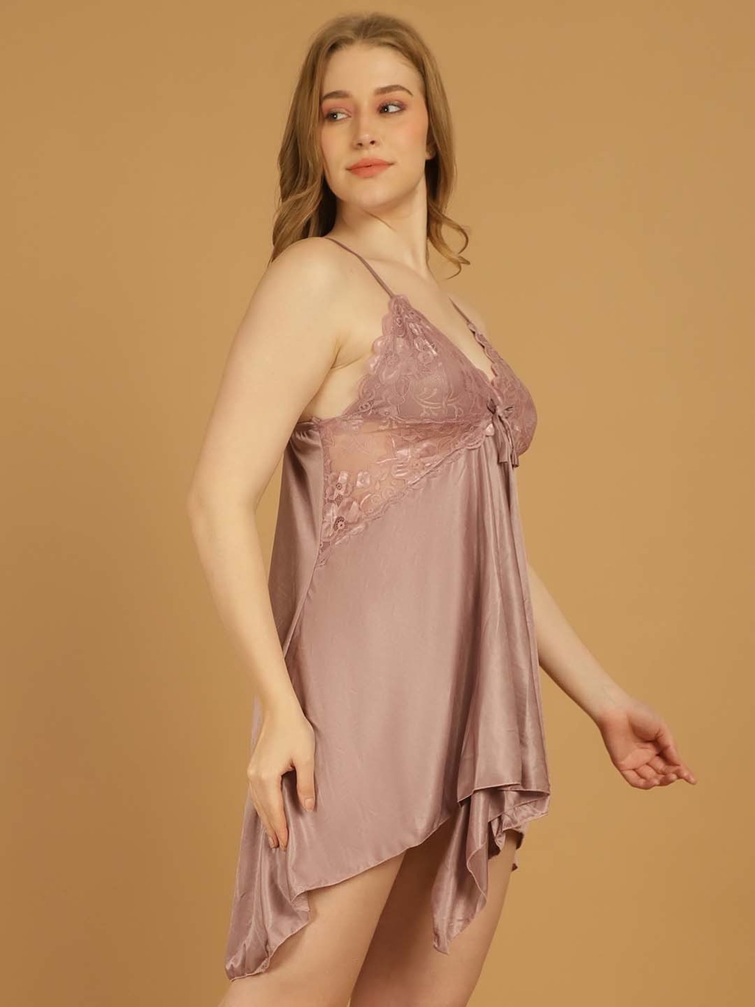 Stylee LIFESTYLE Beige Lace Work Babydoll With Brief