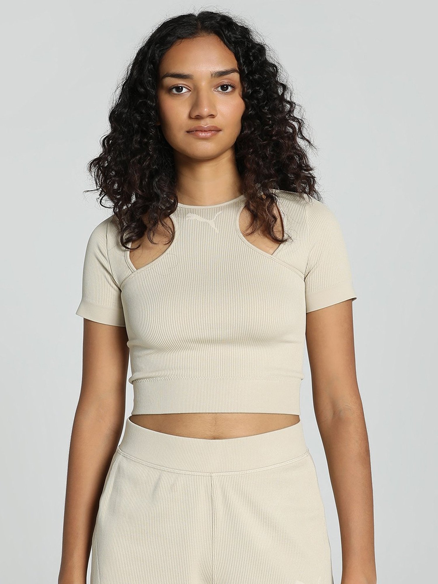 Puma Beige Striped Cropped T-Shirt