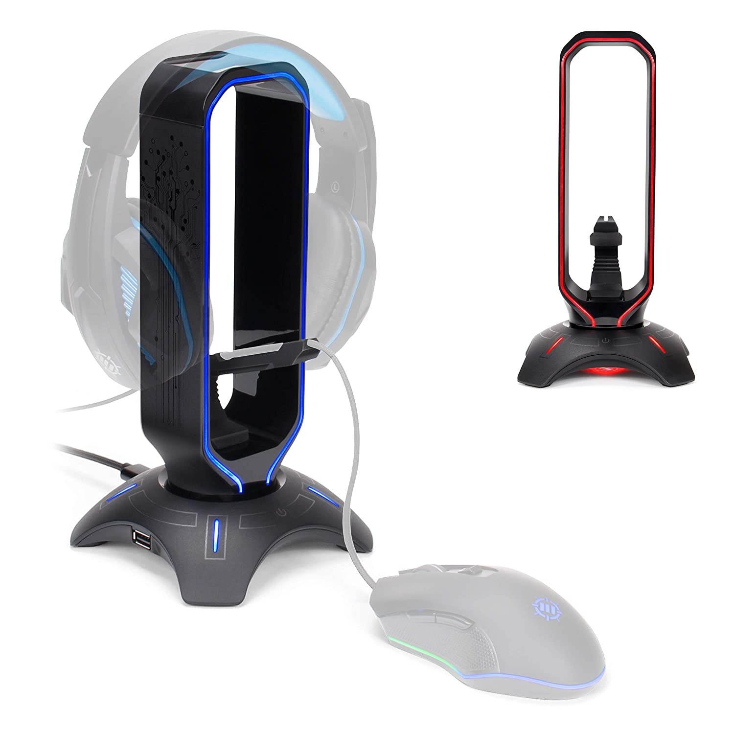 ENHANCE Gaming Headset Stand - LED Headphone Hanger with Mouse Bungee and 2 Port USB Hub - 7 RGB Colors + Color Changing Mode, Headset Hanger, Mouse Bungee 3-in-1 Gaming Desktop Accessory PS4, Xbox