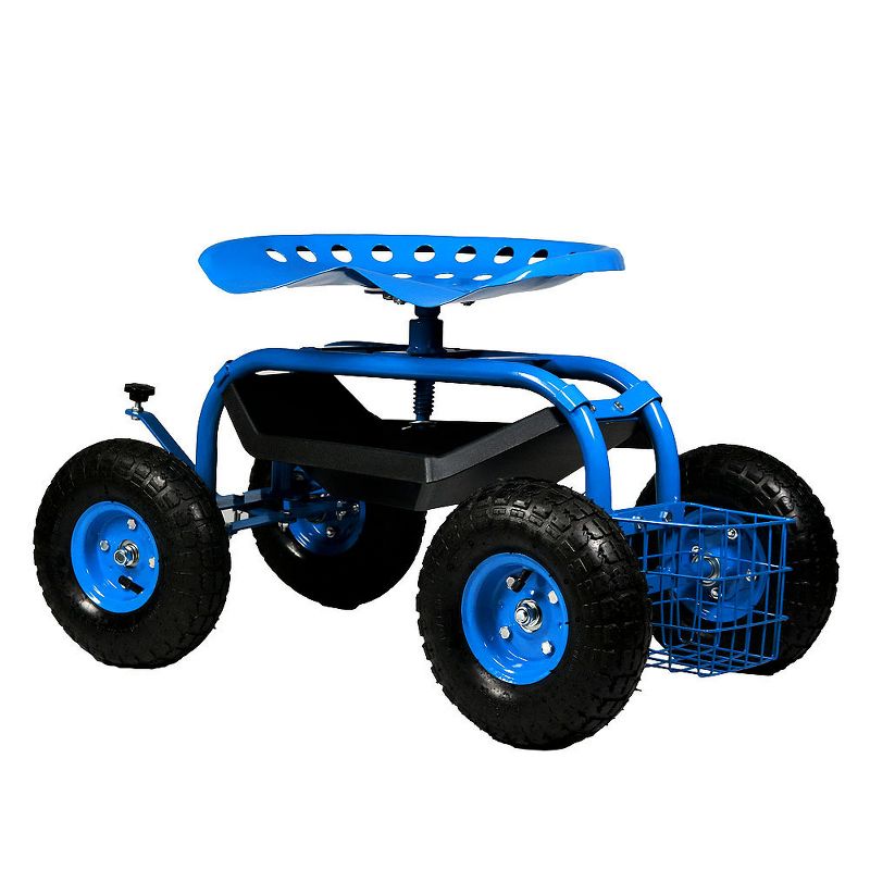 Rolling Shop Cart with Work Seat, Basket and Tray - Blue - Sunnydaze Decor