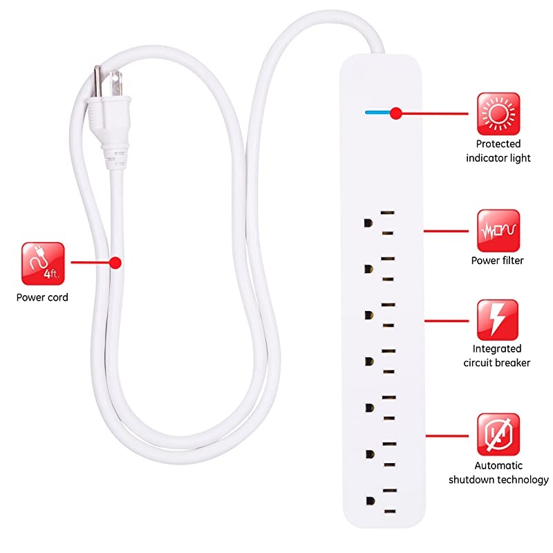Power Strip Sur Protector 7 Outlets Long Power Cord 4ft Wall Mount Warranty White 36358