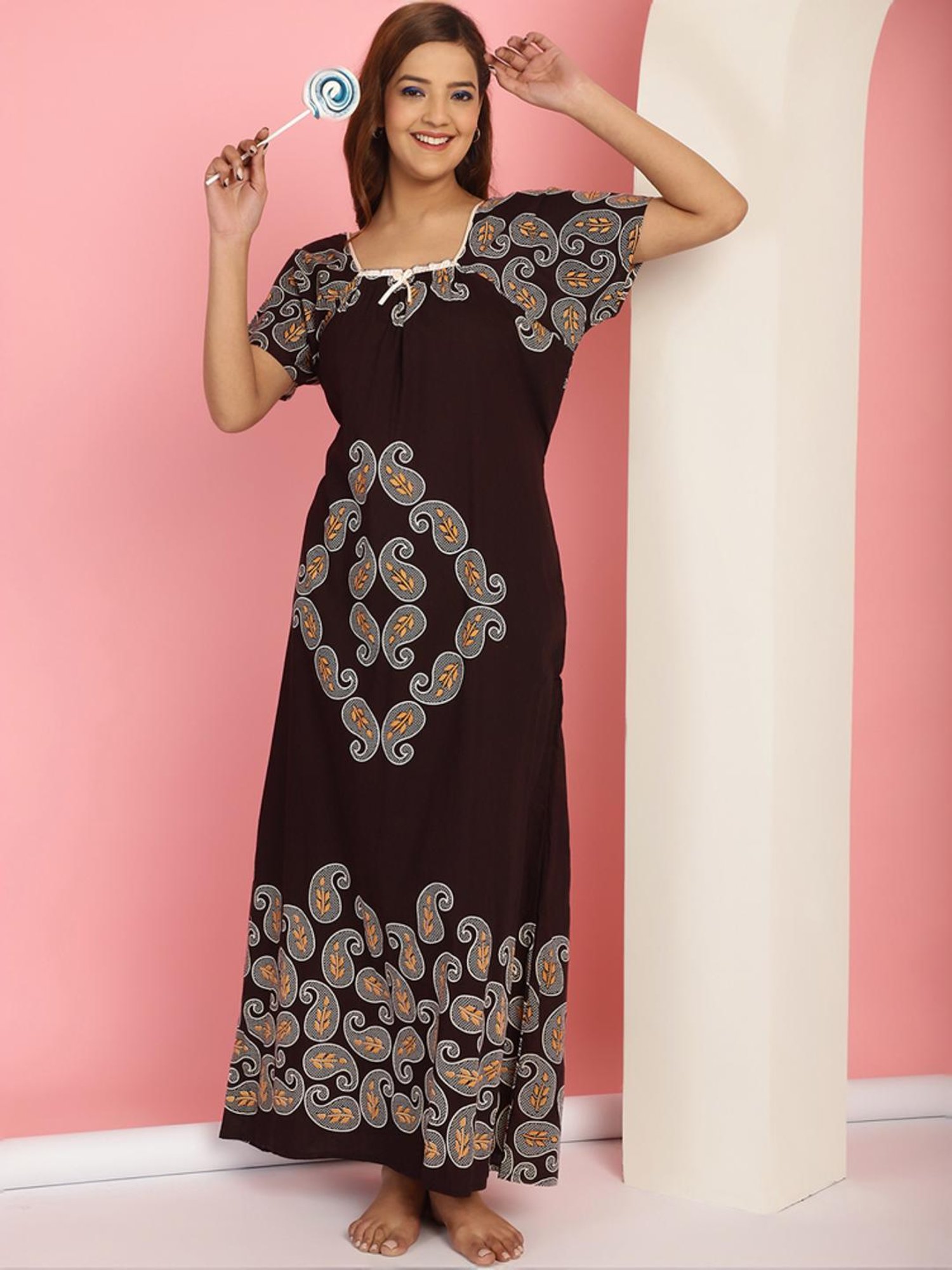 Secret Wish Brown Cotton Printed Maternity Nighty