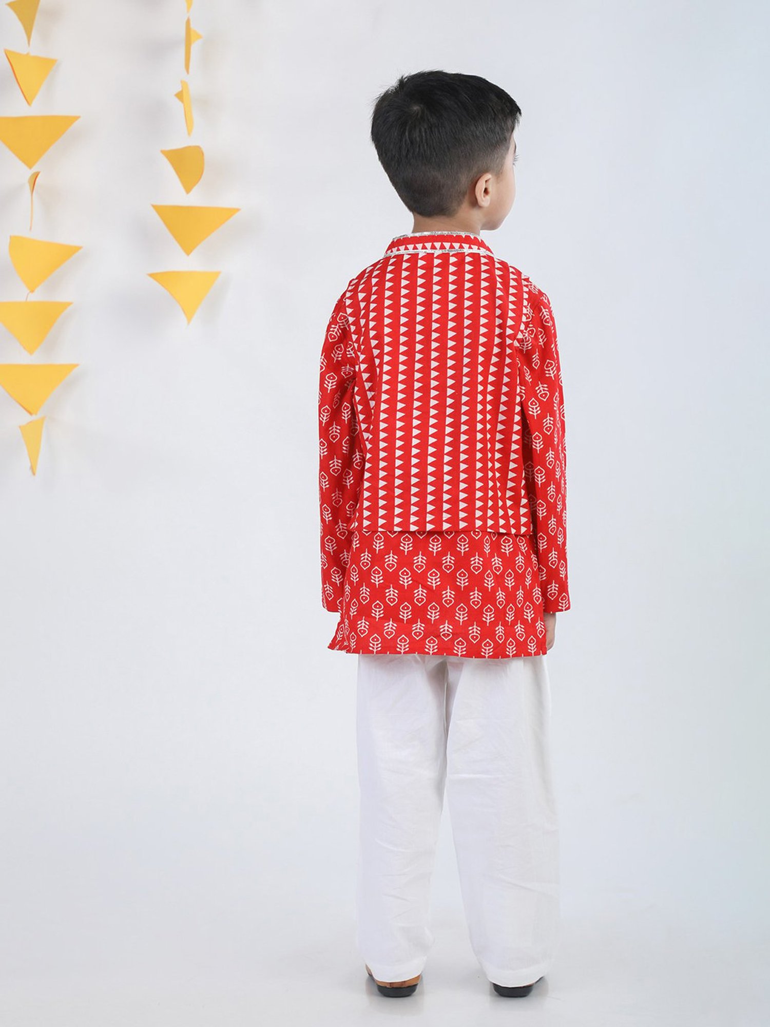 Budding Bees Kids Red & White Printed Full Sleeves Kurta, Jacket, Pants with Wallet
