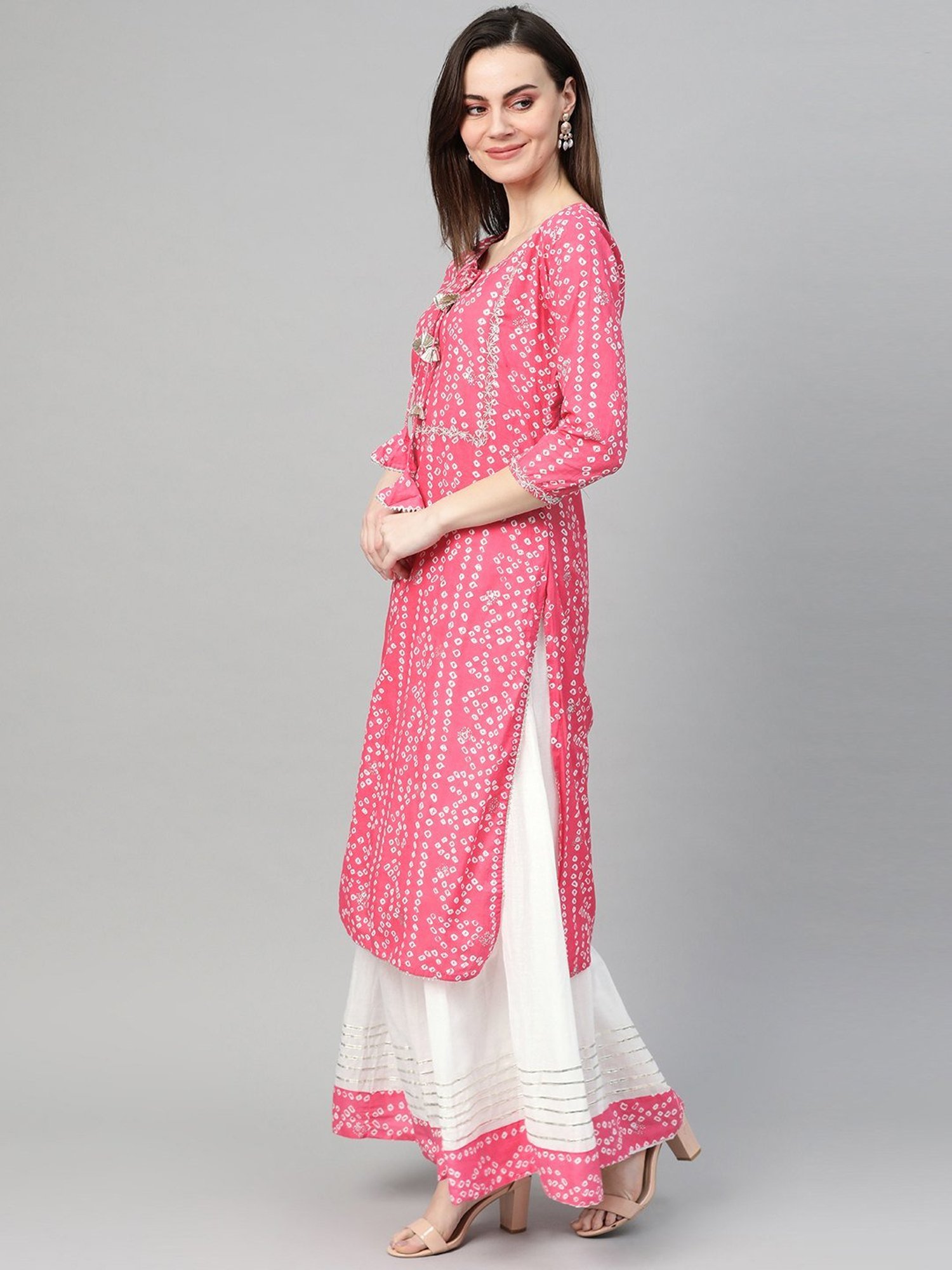 Ishin Pink & White Cotton Printed Kurta Skirt Set