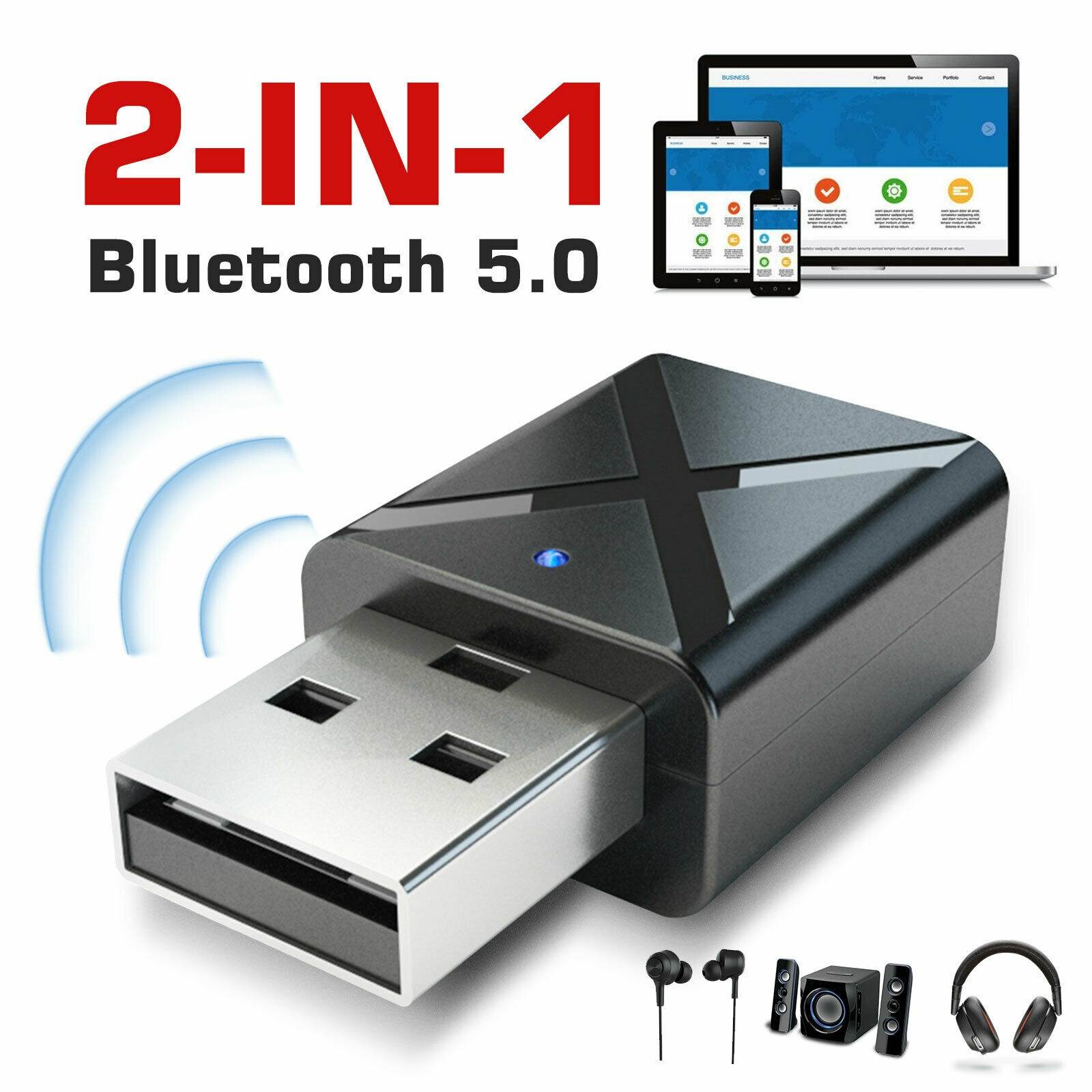 2in1 Bluetooth 5.0 Transmitter Receiver USB Wireless Stereo Audio Adapter PC TV