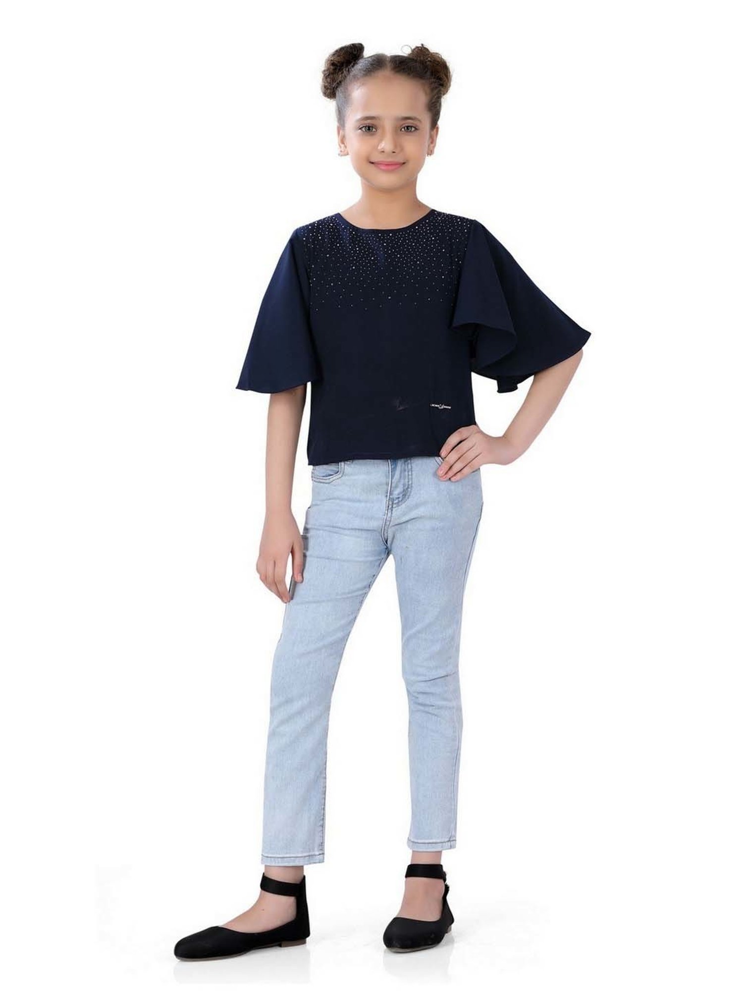 poplins Kids Navy Cotton Embellished Top