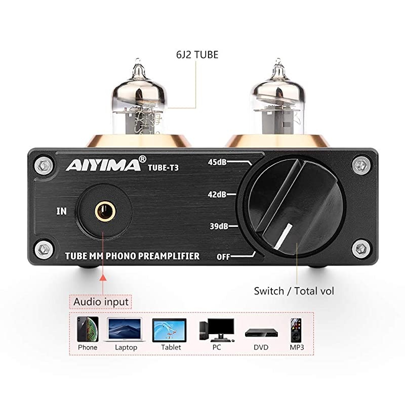 Tube T3 HiFi 6J2 Tube Phono Preamp Stereo Audio Tube Preamplifier with DC 12V Power Supply for Turntable MM Phonograph Record Player System