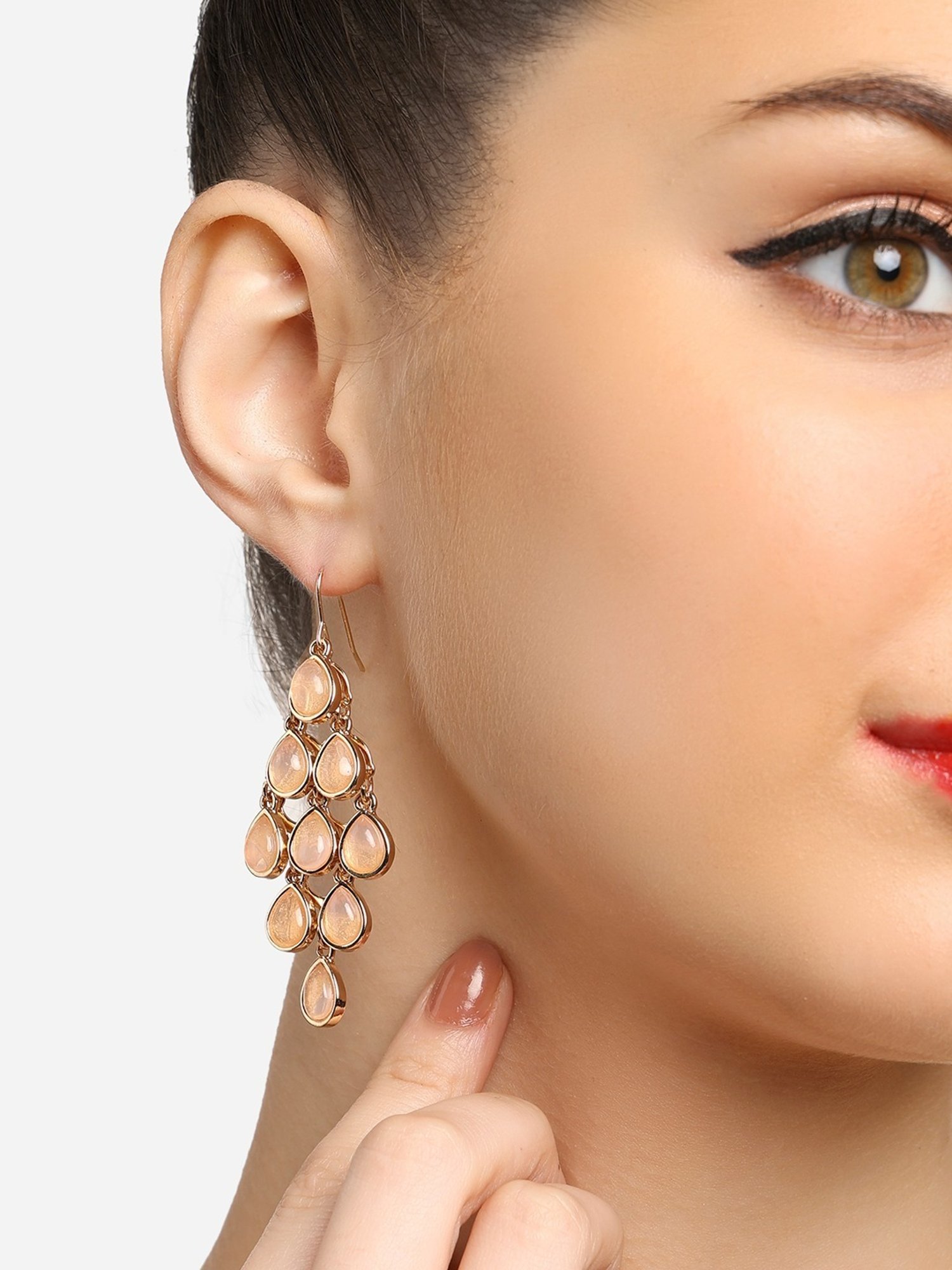 Zaveri Pearls Peach Shiny Waterfall Stones Contemporary Drop Earring-ZPFK16807