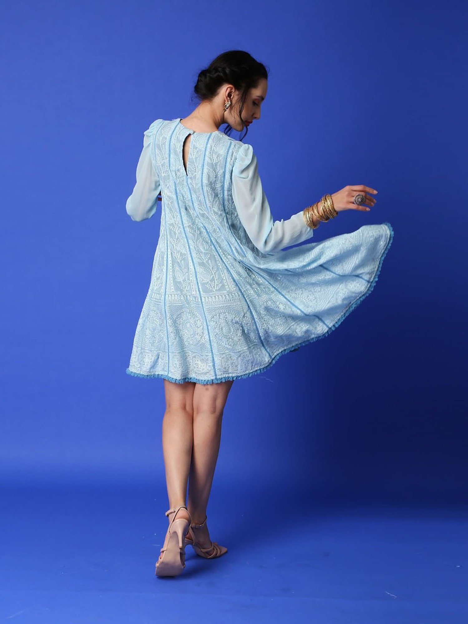 Monk and Mei Mumtaz Chikankari Anarkali Kurta/ Dress- Ice Blue