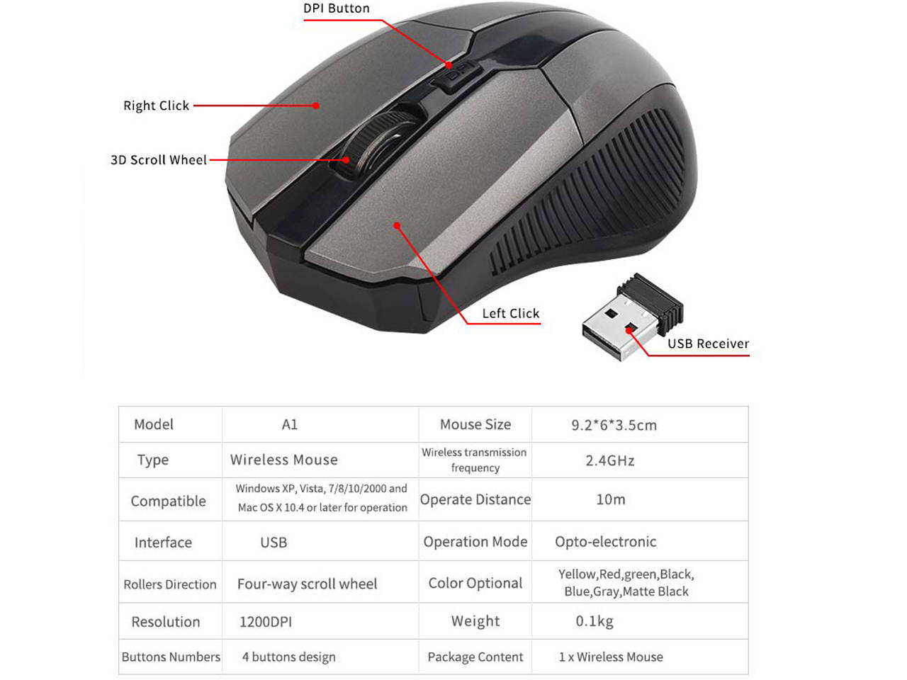 Sovawin Wireless Mouse 2.4G Optical Computer USB Mini 1600 DPI 6 Buttons Optical Mouse Gaming Cute Wireless Mause for PC Laptop