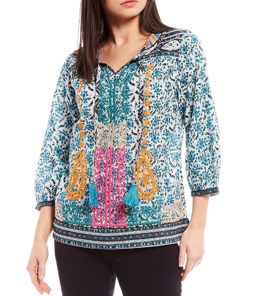 John Mark Yoked Tie Neck 3/4 Gathered Sleeve Embroidered Tunic