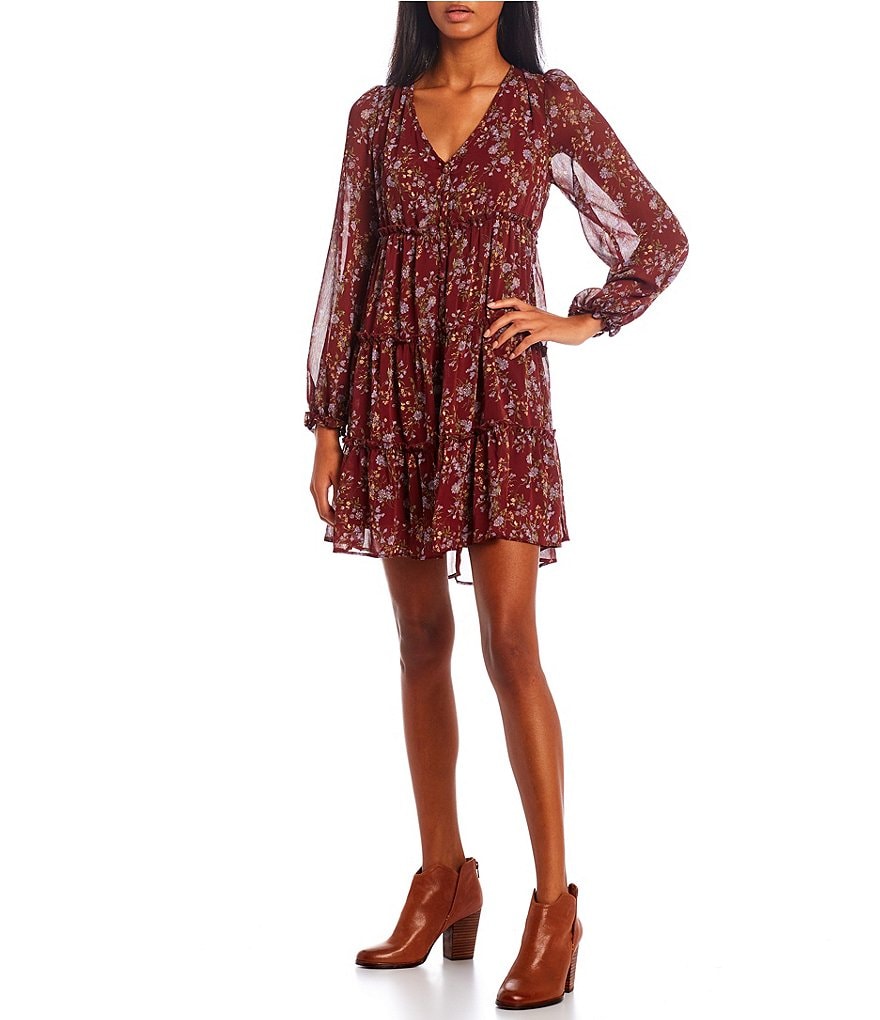 Allison & Kelly Long-Sleeve V-Neck Floral Print Tiered Babydoll Dress