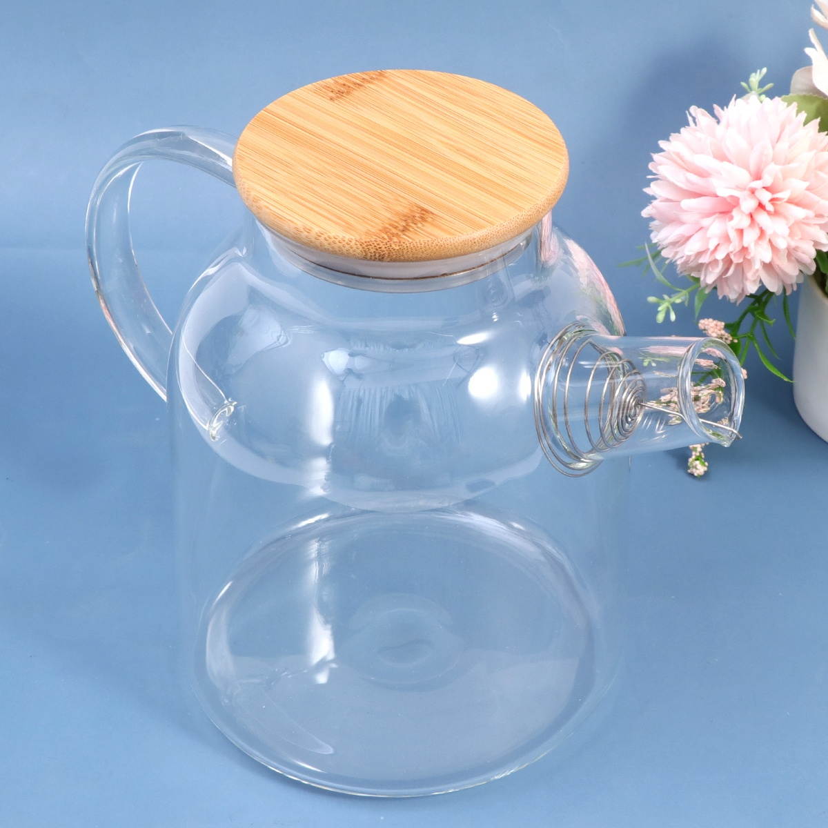 1Pc 1.6L Heat Resistance Glass Water Pot Handheld Filter Glass Kettle Stainless Steel Transparent Juice Water Pot with Large Mouth Bamboo Cover