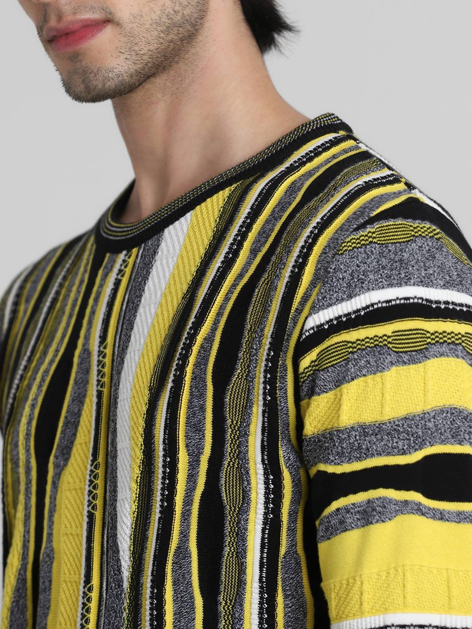 Jack & Jones Yellow & Black Cotton Regular Fit Striped Sweater