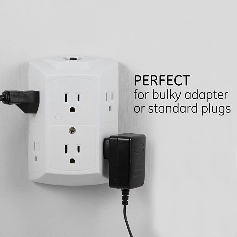 6Outlet Wall Tap Reset Button Circuit Breaker Power Outlet Extender Adapter Spaced Outlets 3 Prong Plug Grounded UL Listed White 56575
