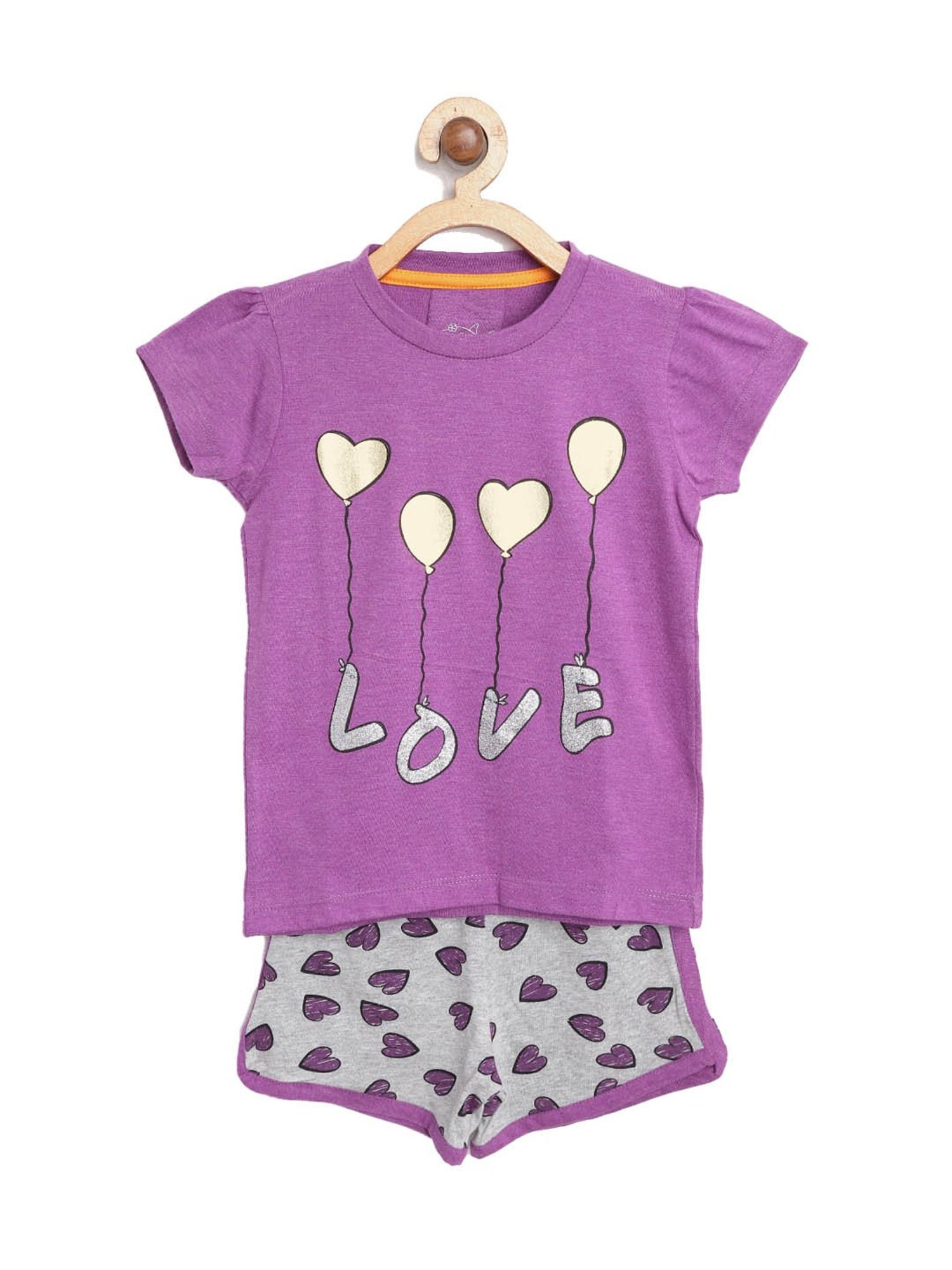 Lazy Shark Kids Purple & Grey Printed  Top with  Shorts