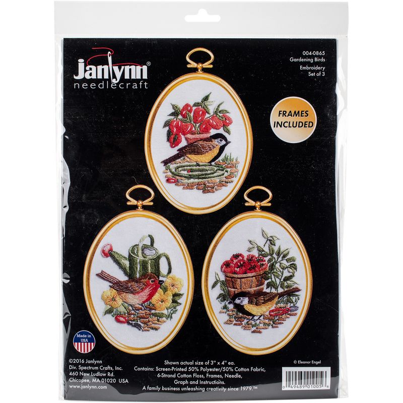 Janlynn Embroidery Kit 3"X4" Set of 3-Gardening Birds-Stiched In Floss